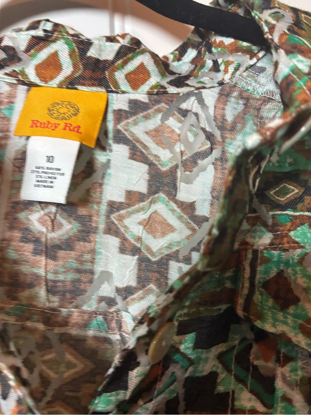 Ruby Rd. Green and Brown Geometric Button-Down Shirt - Picture 2 of 3